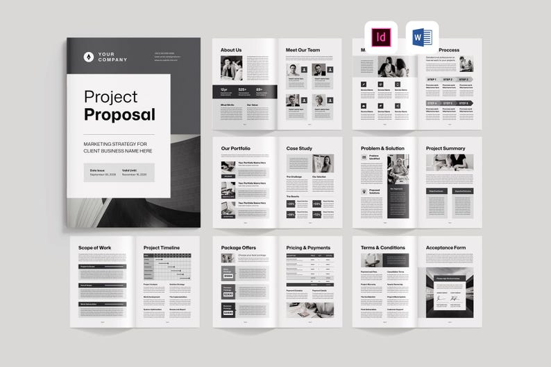 K&ouml;nnte beinhalten: Eine schwarz-wei&szlig;e Projekt-Vorschlagsvorlage mit dem Titel "Projekt-Vorschlag" und dem Text "Marketingstrategie f&uuml;r den Kunden-Firmennamen hier". Die Vorlage enth&auml;lt Abschnitte f&uuml;r "&Uuml;ber uns", "Unser Team kennenlernen", "Unser Portfolio", "Fallstudie", "Problem und L&ouml;sung", "Projekt&uuml;bersicht", "Leistungsumfang", "Projektzeitplan", "Paketangebote", "Preise und Zahlungen", "Allgemeine Gesch&auml;ftsbedingungen" und "Akzeptanzformular".