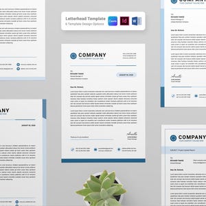 Può includere: Modello di carta intestata con 6 opzioni di design. Il design presenta una combinazione di colori blu e bianco. La carta intestata include il nome dell'azienda, le informazioni di contatto e uno spazio per il nome e l'indirizzo del destinatario. L'immagine mostra anche una pianta succulenta.