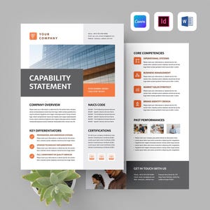 May include: A two-page capability statement document template featuring a modern layout with orange and dark grey accents. The design includes sections for company overview, core competencies, past performances, and contact information with placeholder text.