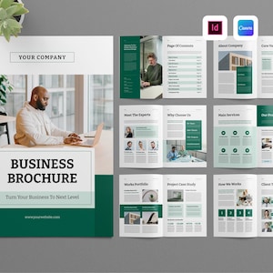 Può includere: Un modello di brochure aziendale multipagina con uno schema di colori verde scuro e bianco. La copertina mostra il testo "BUSINESS BROCHURE" e "Turn Your Business To Next Level." Le pagine interne mostrano layout per informazioni aziendali, servizi e portfolio.