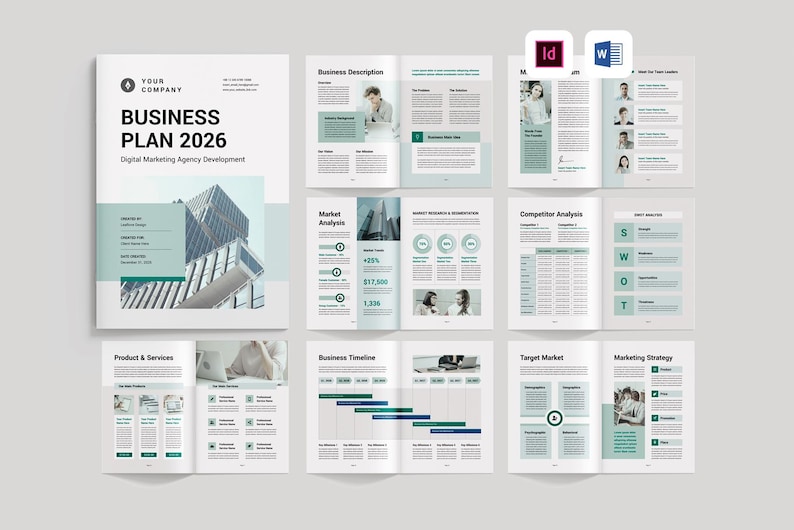 May include: A business plan template with a green and white colour scheme. The cover page features a photo of a modern city skyline and the text "Business Plan 2026". The inside pages include sections for business description, market analysis, competitor analysis, product and services, business timeline, target market, and marketing strategy.