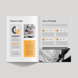 May include: A two-page document with a black and white photo of a city skyline on the right page. The left page has a pie chart showing the distribution of tokens in a sale. The text "Tokens Sale" is at the top of the left page. The text "Use of Funds" is at the top of the right page. The pie chart shows 62% for Public, 25% for Founders, and 13% for Company.