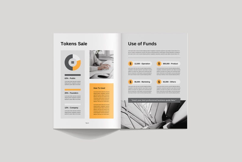 May include: A two-page document with a black and white photo of a city skyline on the right page. The left page has a pie chart showing the distribution of tokens in a sale. The text "Tokens Sale" is at the top of the left page. The text "Use of Funds" is at the top of the right page. The pie chart shows 62% for Public, 25% for Founders, and 13% for Company.