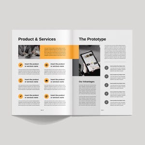 May include: A two-page document with a black and white photo of a person using a tablet on the right page. The left page has a black and white photo of two people working on a laptop. The text on the left page reads "Product & Services" and the text on the right page reads "The Prototype".