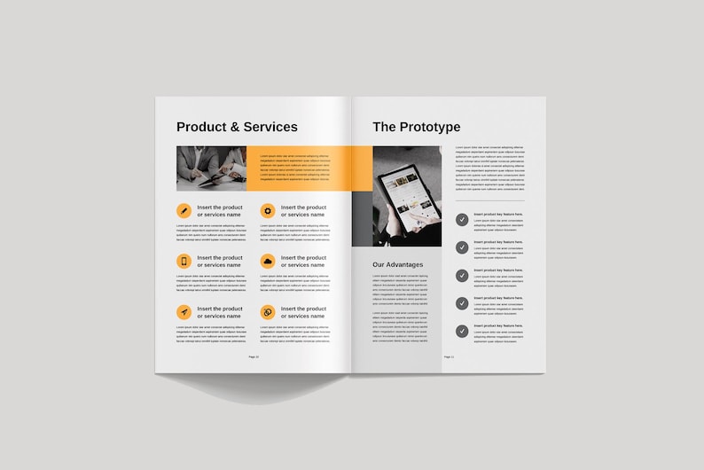 May include: A two-page document with a black and white photo of a person using a tablet on the right page. The left page has a black and white photo of two people working on a laptop. The text on the left page reads "Product & Services" and the text on the right page reads "The Prototype".