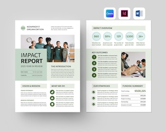 Impact Report Template | Nonprofit Annual Report | Year in Review One Pager | Charity Fundraising Event Overview (Canva, MS Word, InDesign)
