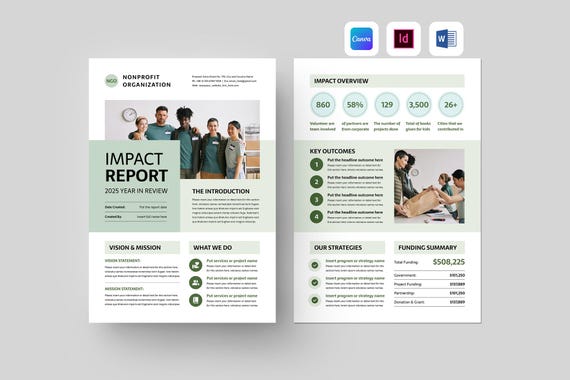 Impact Report Template | Nonprofit Annual Report | Year in Review One Pager | Charity Fundraising Event Overview (Canva, MS Word, InDesign)