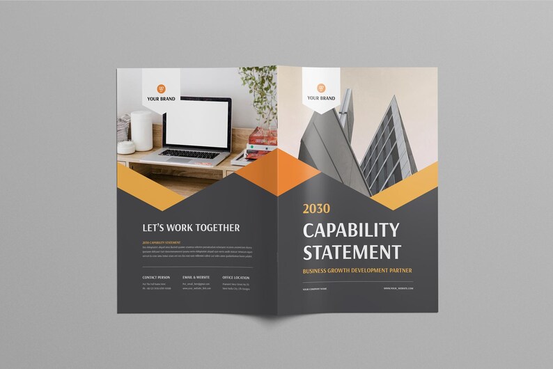 May include: A brochure spread with a modern design. The left side reads "Let's Work Together" with contact information. The right side says "2030 Capability Statement" with a building graphic and orange and black geometric shapes.