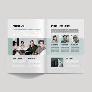 May include: Open magazine spread with the headings "About Us" and "Meet The Team." The left page features a group of people and the headings "Vision & Mission" and "What We Do." The right page includes headshots and the heading "Our Values."