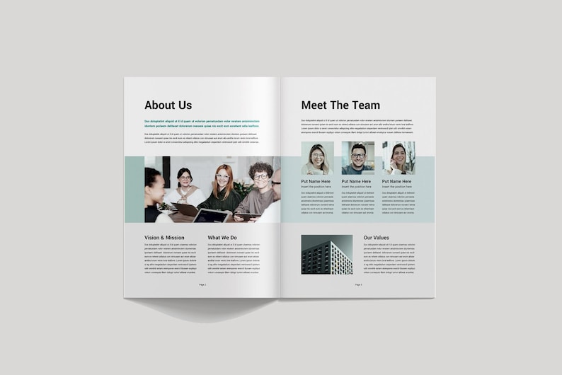May include: Open magazine spread with the headings "About Us" and "Meet The Team." The left page features a group of people and the headings "Vision & Mission" and "What We Do." The right page includes headshots and the heading "Our Values."