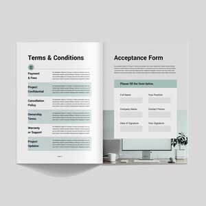 May include: Open book with "Terms & Conditions" and "Acceptance Form" headings. The left page lists topics like Payment & Fees, Project Confidential, and Warranty. The right page has a form with fields for Full Name, Company Name, and Date of Signature.