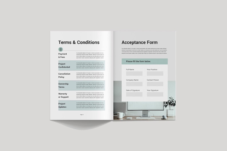 May include: Open book with "Terms & Conditions" and "Acceptance Form" headings. The left page lists topics like Payment & Fees, Project Confidential, and Warranty. The right page has a form with fields for Full Name, Company Name, and Date of Signature.