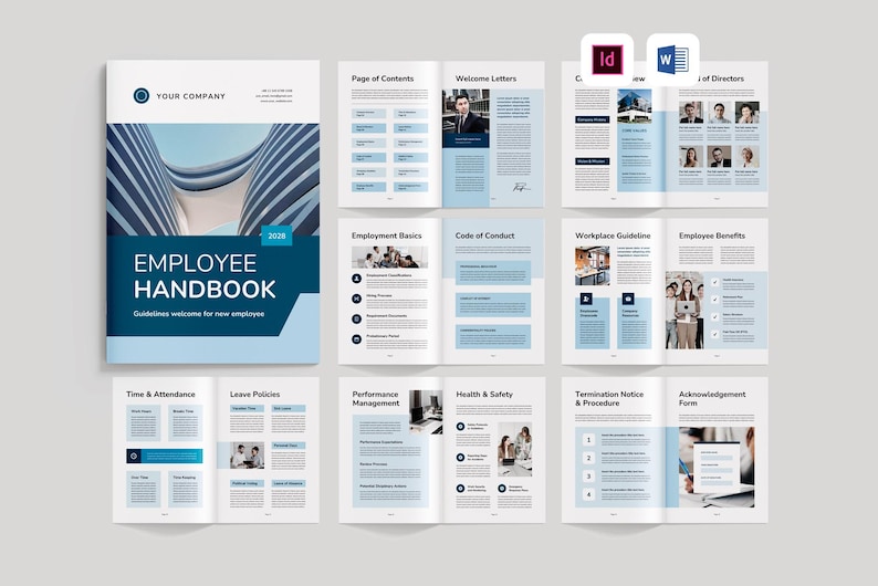 May include: An employee handbook with a blue and white cover, featuring the title "EMPLOYEE HANDBOOK" and the year 2028. The handbook is open, displaying various pages with headings like "Page of Contents" and "Welcome Letters."