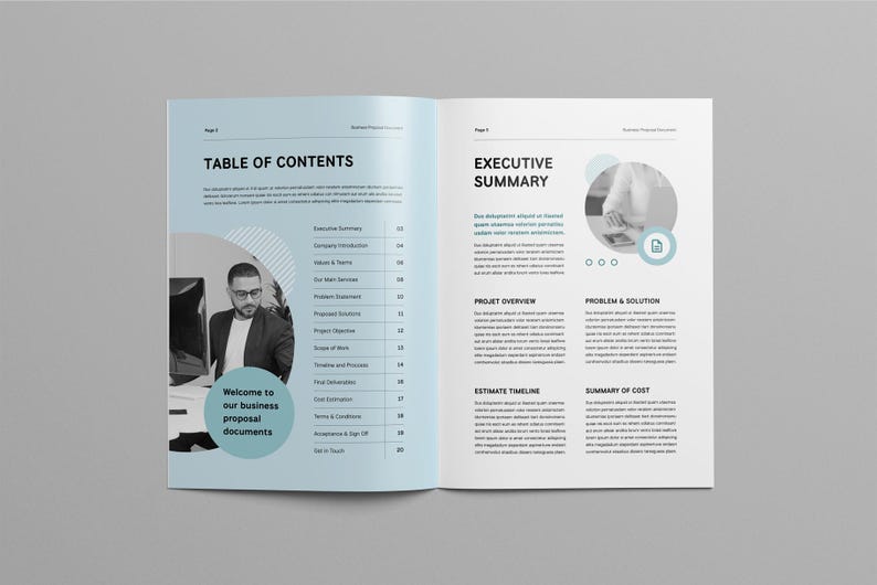 May include: A two-page business proposal document with a table of contents and an executive summary. The document features a blue and white color scheme with a circular graphic of a person working on a computer.
