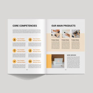 Op de afbeelding: Open brochure met de titels "CORE COMPETENCIES" en "OUR MAIN PRODUCTS". De linkerpagina toont diensten met iconen. De rechterpagina toont productafbeeldingen en een laptop op een bureau. De achtergrond is lichtgrijs.