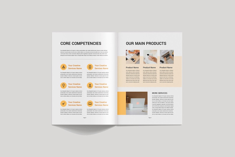 Op de afbeelding: Open brochure met de titels "CORE COMPETENCIES" en "OUR MAIN PRODUCTS". De linkerpagina toont diensten met iconen. De rechterpagina toont productafbeeldingen en een laptop op een bureau. De achtergrond is lichtgrijs.