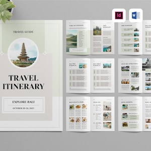 Puede incluir: Una guía de viaje titulada "Travel Itinerary" con el texto "Explore Bali" y las fechas "October 20-24, 2025". La guía presenta una foto de un templo balinés. Varias páginas abiertas muestran contenido sobre Bali, incluyendo una tabla de contenidos y detalles del viaje.