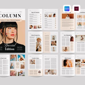 May include: A digital magazine template titled COLUMN, A Fashion & Culture Editorial Magazine, Special Edition. The layout includes a cover featuring a person with face gems, a table of contents, and multiple interior spreads with text and photography.