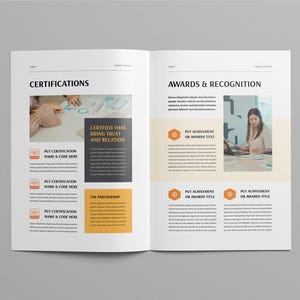 May include: Open magazine spread with the headings "Certifications" and "Awards & Recognition." The left page features text boxes with the words "Certified That Bring Trust and Relation." The right page has text boxes with the words "Put Achievement or Awards Title."
