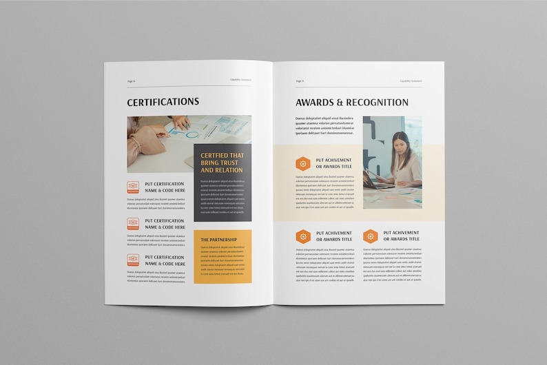 May include: Open magazine spread with the headings "Certifications" and "Awards & Recognition." The left page features text boxes with the words "Certified That Bring Trust and Relation." The right page has text boxes with the words "Put Achievement or Awards Title."