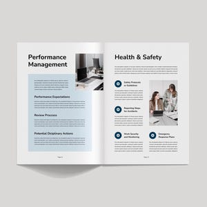 May include: An open book with two facing pages. The left page has the title "Performance Management" and the right page has the title "Health & Safety." The pages contain text and images of people working on computers.