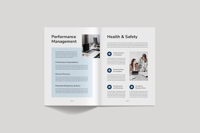 May include: An open book with two facing pages. The left page has the title "Performance Management" and the right page has the title "Health & Safety." The pages contain text and images of people working on computers.