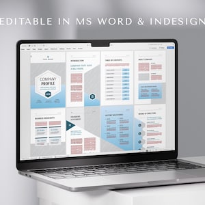 May include: A laptop screen shows a company profile template in blue and white. The design includes sections for introduction, contents, and business highlights. The text "EDITABLE IN MS WORD & INDESIGN" is displayed at the top of the screen.