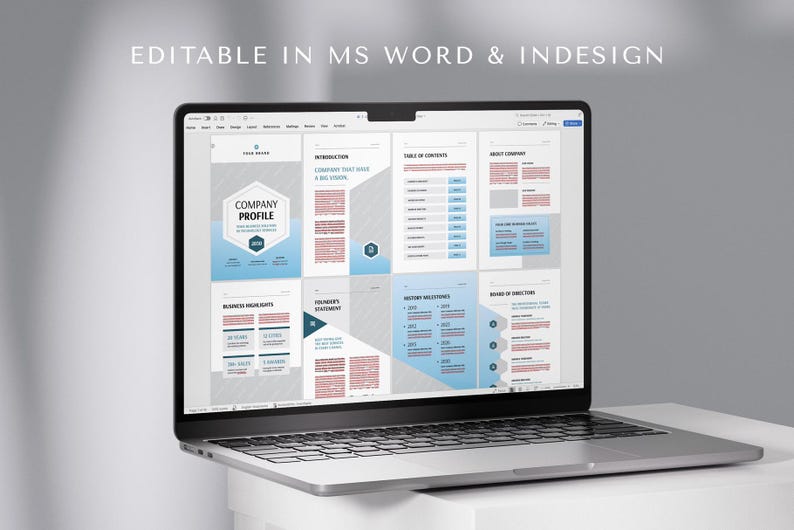 May include: A laptop screen shows a company profile template in blue and white. The design includes sections for introduction, contents, and business highlights. The text "EDITABLE IN MS WORD & INDESIGN" is displayed at the top of the screen.