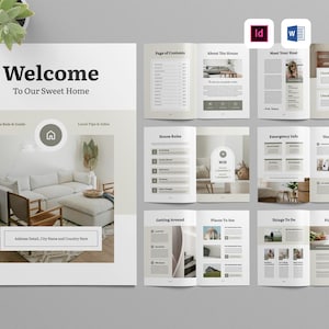 Puede incluir: Un folleto titulado "Welcome To Our Sweet Home" con imágenes de diseño de interiores. El folleto incluye secciones sobre reglas de la casa, consejos locales e información de emergencia. Una pequeña planta suculenta se encuentra en la esquina superior izquierda.