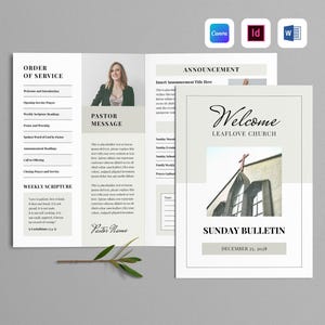 May include: A tri-fold church bulletin template featuring a neutral colour palette with black text. The design includes sections for an order of service, a pastor message with a placeholder photo, announcements, and a cover with a church building image.