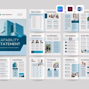 May include: A multi-page business capability statement document template featuring a blue and white color scheme. The cover displays a modern building graphic and the text CAPABILITY STATEMENT 2038. Includes layouts for contents, teams, and services.