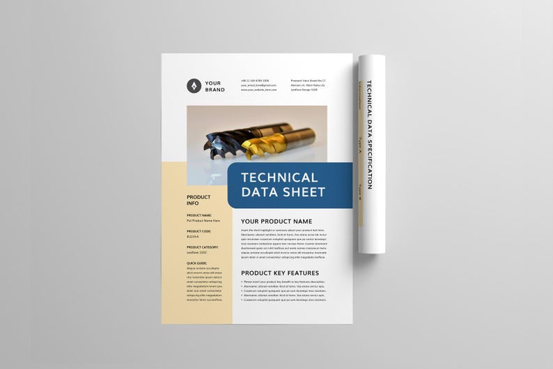 May include: A technical data sheet with the text "TECHNICAL DATA SHEET" in a blue box. The sheet includes product information and key features, with a photo of two metal drill bits. A rolled-up document is on the right.