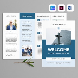 May include: A tri-fold church bulletin template featuring a blue and white color scheme. The cover displays a cross, the text "WELCOME TO OUR WEEKLY BULLETIN," and "CHURCH BRANDS." The interior includes sections for "PASTOR MESSAGE," "WEEKLY SERVICES," "ANNOUNCEMENTS," and "UPCOMING EVENTS" with placeholder text and images.