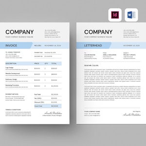 Plantilla de factura y membrete comercial / Microsoft Word / Adobe InDesign / Diseño de hoja de facturación para clientes / Documento de papelería corporativa limpio