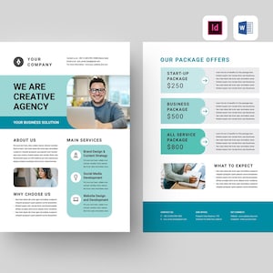 May include: A flyer for a creative agency offering services such as brand design, content strategy, social media development, and website design and development. The flyer includes pricing for three different packages: Start-up Package for £250, Business Package for £500, and All Service Package for £800.