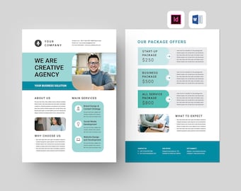 Puede incluir: Un folleto para una agencia creativa que ofrece servicios como diseño de marca, estrategia de contenido, desarrollo de redes sociales y diseño y desarrollo de sitios web. El folleto incluye precios para tres paquetes diferentes: Paquete de inicio por 250 €, Paquete de negocios por 500 € y Paquete de todos los servicios por 800 €.