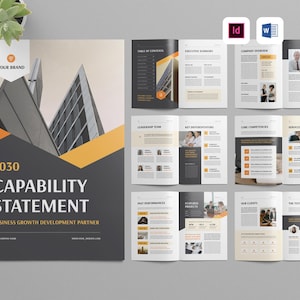 Peut inclure: Brochure de déclaration de capacité commerciale au design moderne. La couverture présente un design géométrique avec le texte « 2030 Capability Statement ». À l'intérieur, plusieurs pages avec du contenu, des images et du texte. La palette de couleurs comprend le gris, l'orange et le blanc.