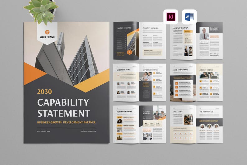 May include: A business capability statement brochure with a modern design. The cover features a geometric design with the text "2030 Capability Statement." Inside, there are several pages with content, images, and text. The color scheme includes gray, orange, and white.