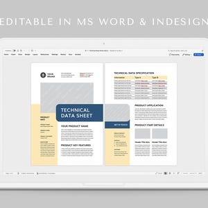 May include: A laptop screen shows a "Technical Data Sheet" template. The document includes sections for product info, key features, and technical specifications. The text "Editable in MS Word & InDesign" is at the top.