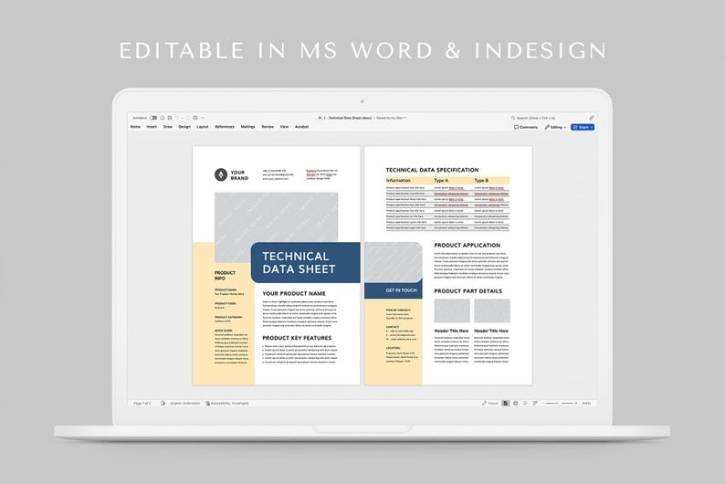 May include: A laptop screen shows a "Technical Data Sheet" template. The document includes sections for product info, key features, and technical specifications. The text "Editable in MS Word & InDesign" is at the top.