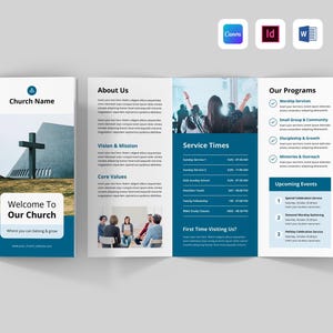 Op de afbeelding: Een drievoudig gevouwen brochure met een blauw en wit ontwerp. De omslag toont een kruis en de tekst "Welcome To Our Church". Binnenin staan secties met diensttijden, programma's en aankomende evenementen. De brochure bevat de naam en contactgegevens van de kerk.