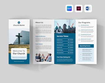 Church Brochure Template | Welcome Trifold Pamphlet | First Time Guests Marketing | Modern Sunday Service Program (Canva, MS Word, InDesign)