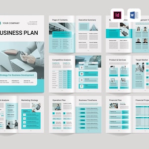 Könnte beinhalten: Eine Businessplan-Vorlage mit einem blau-weißen Farbschema. Die Titelseite zeigt einen Laptop und eine Hand, die ein Telefon hält. Das Dokument enthält Abschnitte für die Marktanalyse, die Marketingstrategie, den Betriebsplan, den Zeitplan, den Finanzplan und die Finanzprognosen.