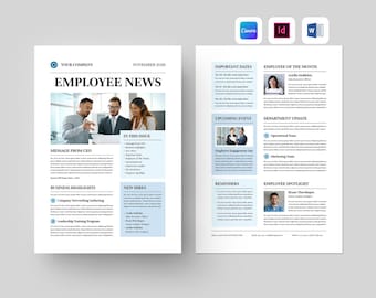 May include: A two-page employee newsletter template with a white background and light blue accents. The title "EMPLOYEE NEWS" is displayed prominently. The newsletter includes sections for important dates, employee spotlights, and business highlights.