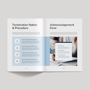 May include: Open book with two-page spread. The left page reads "Termination Notice & Procedure" with numbered steps. The right page reads "Acknowledgement Form" with a person signing a document. The background is light grey.
