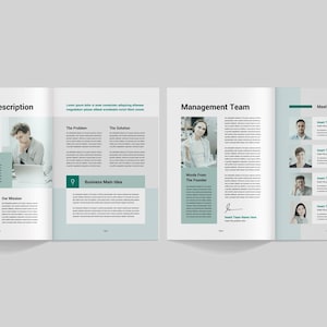 May include: A two-page business brochure with a green and white colour scheme. The left page features a business description with headings for "Overview", "Industry Background", "Our Vision", and "Our Mission". The right page features a management team section with a heading for "Management Team" and a section for "Meet Our Team Leaders".