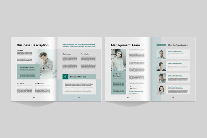 May include: A two-page business brochure with a green and white colour scheme. The left page features a business description with headings for "Overview", "Industry Background", "Our Vision", and "Our Mission". The right page features a management team section with a heading for "Management Team" and a section for "Meet Our Team Leaders".
