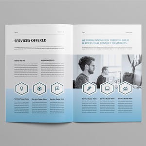 May include: A double-page brochure layout with the heading "SERVICES OFFERED" and the text "WE DOING INNOVATION THROUGH GREAT SERVICES THAT CONNECT TO MARKETS." The design incorporates a blue gradient and hexagonal icons.