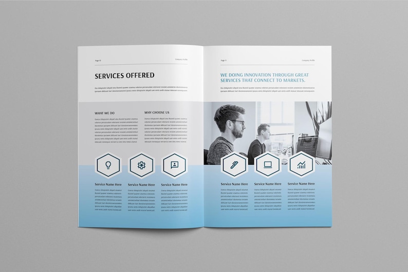 May include: A double-page brochure layout with the heading "SERVICES OFFERED" and the text "WE DOING INNOVATION THROUGH GREAT SERVICES THAT CONNECT TO MARKETS." The design incorporates a blue gradient and hexagonal icons.
