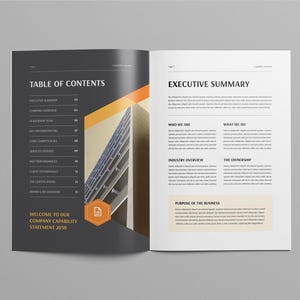 May include: An open book with a dark gray cover featuring a table of contents and the text "WELCOME TO OUR COMPANY CAPABILITY STATEMENT 2030." The right page displays an "EXECUTIVE SUMMARY" with text and a building graphic.